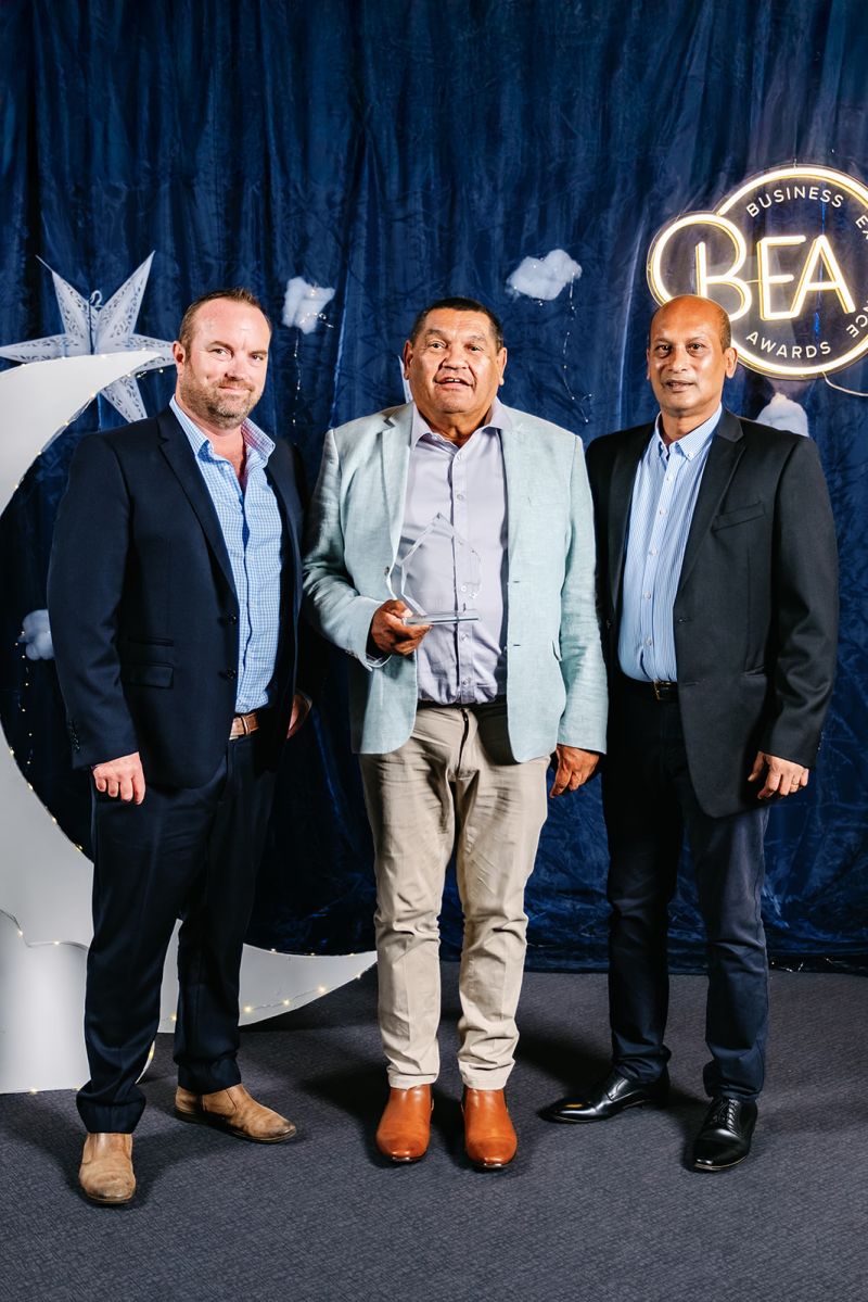 Wajarri Enterprises Limited CEO Ehsan Haque Chair Des Mongoo and Qube Ports after accepting award at WA Chamber of Commerce and Industry Business Awards